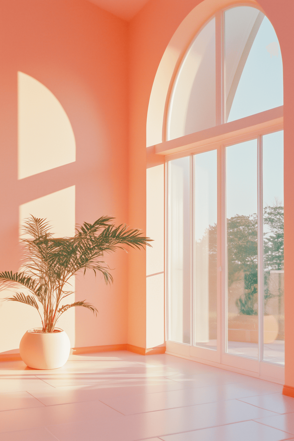 Minimal peach-toned interior with an arched window and morning light
